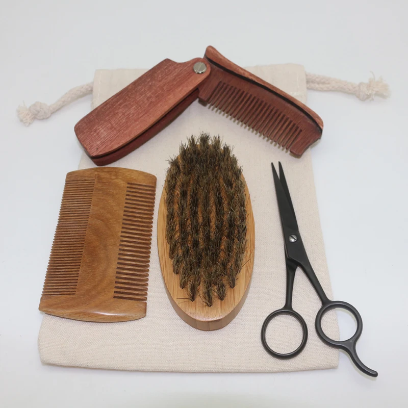 Men Beard Grooming Kit Wood Beard Comb Hair Scissors Wholesale Shaving Brush
