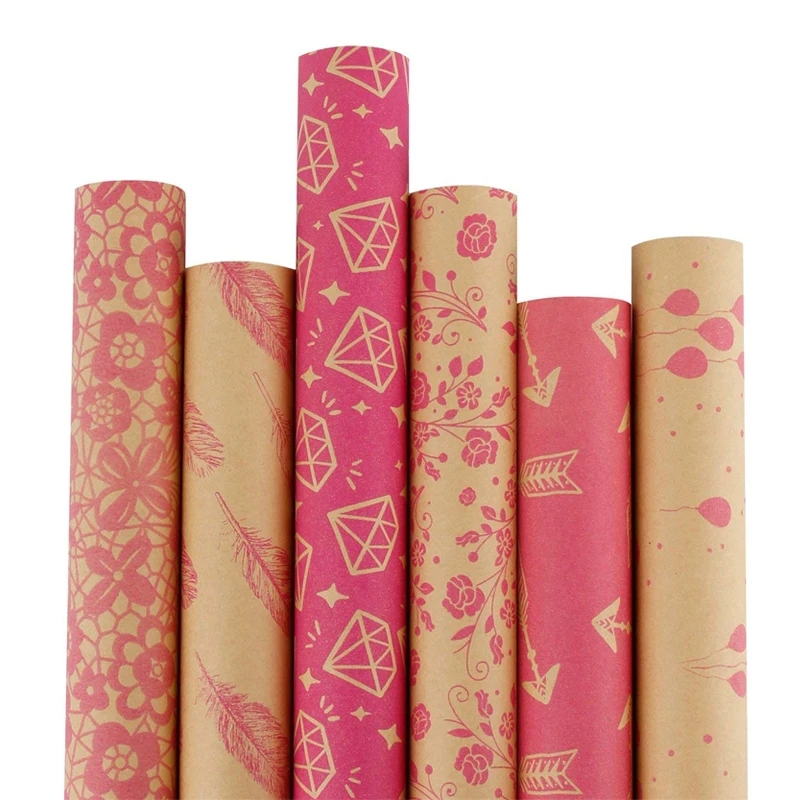 
Wholesale Pink Patterns Printed Thick Brown Gift Wrapping Kraft Paper Roll 