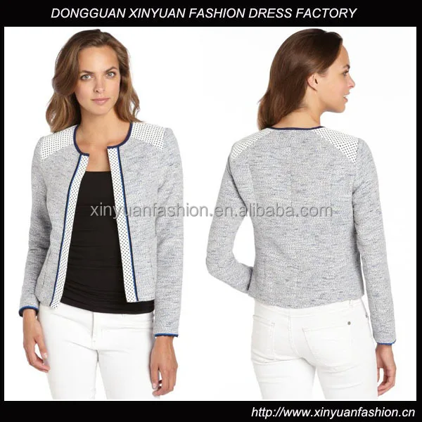 
Sexy Womens Leather Trim Cotton Tweed Jacket 