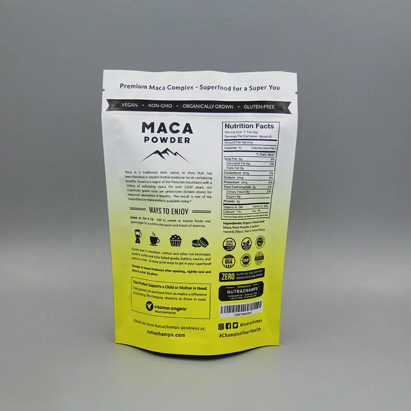 custom printed plastic bag jerky 8oz maca powder 227g black red yellow root blend mylar packaging food nuts stand up pouch