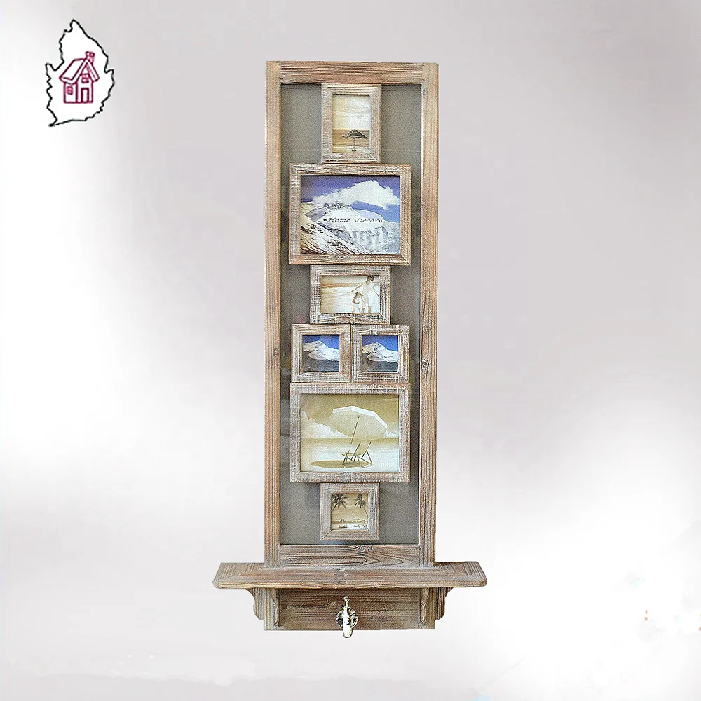 Antique Wood Wall Shelf with Photo Frames and Coat Hooks