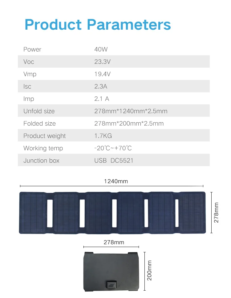 intelligent controller foldable portable 5v 12 volt 40w laptop tablet solar power solar panel battery charger