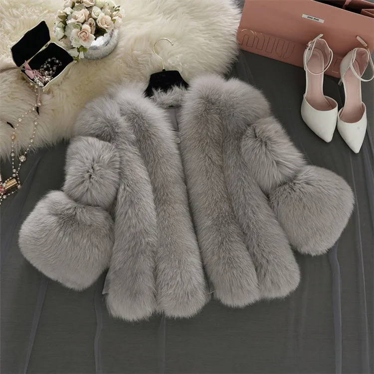 Elegant Ladies Fox Fur Overcoat/White /Pink /Grey Whole Skin Faux Fur Coat/ Fluffy Fur Coat for Woman