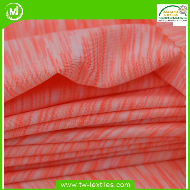 
Space Dyed Single Jersey 4 Way Stretch 87% Polyester 13% Spandex Fabric in Melange Color Stripe 