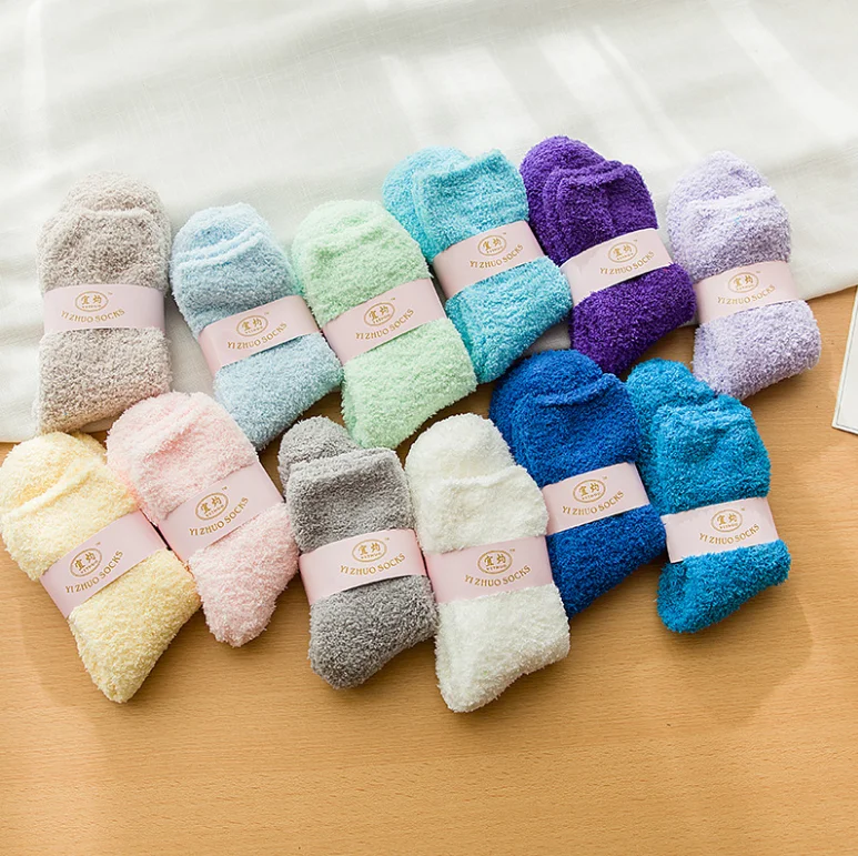 Winter Hot Sale Cheap Thick Coral Fleece Warm Ladies Socks Fashion Solid Plain Color Cozy Fuzzy Warm Women Socks