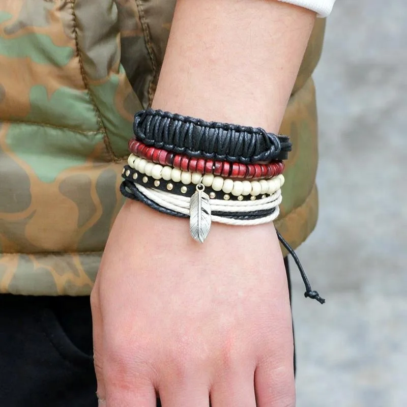Bohemia Women Men Wood Beads Alloy Feather Charm Layers Rope Stretched Leather Bracelet