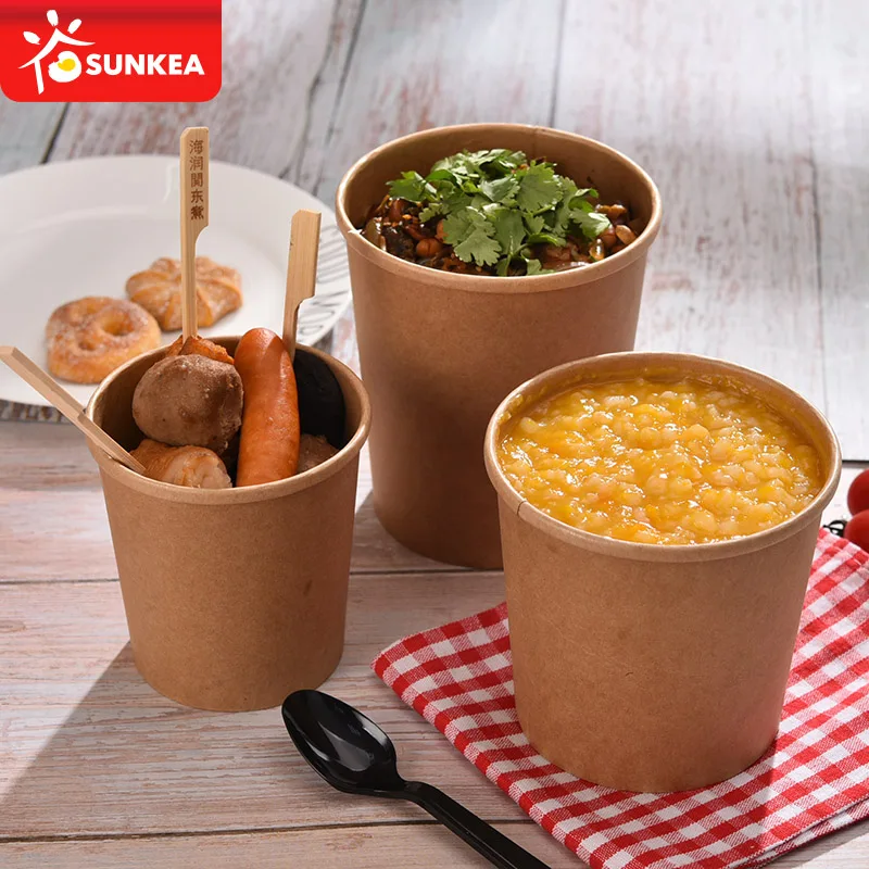 Biodegradable Disposable Kraft Paper Brown Hot Soup Bucket with Lid