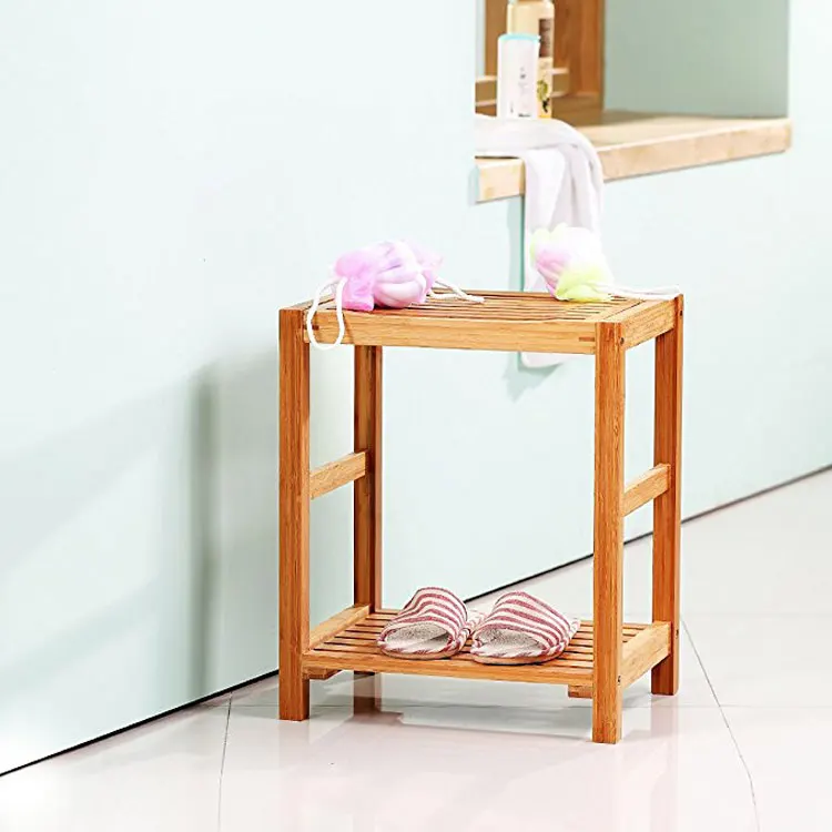 Bathroom accessory bamboo shower bench with storage shelf