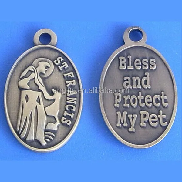 Saint Francis metal dog tag with bless and protect my pet logo