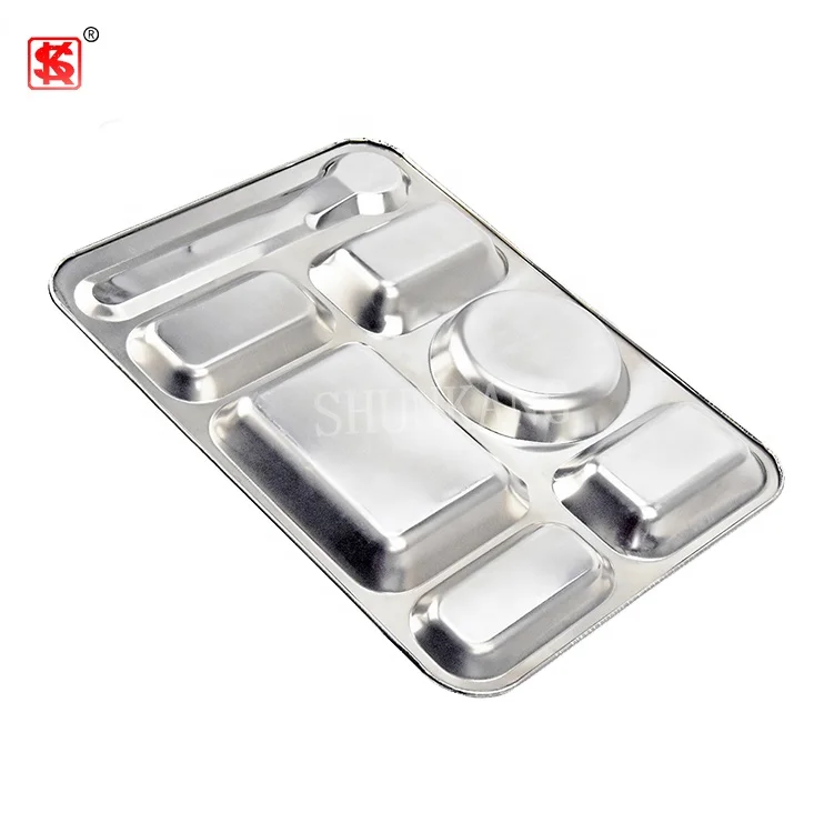 School Canteen Stainless Steel Seven Compartments square lunch tray fast food plate