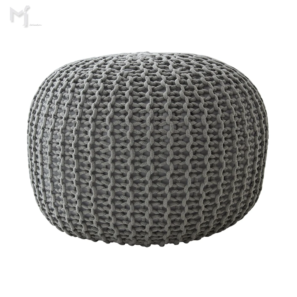 
100% Cotton Knitted Cable floor ottoman handmade Hand stitched pouf footstool - 20 Dia x 14 High - color grey 