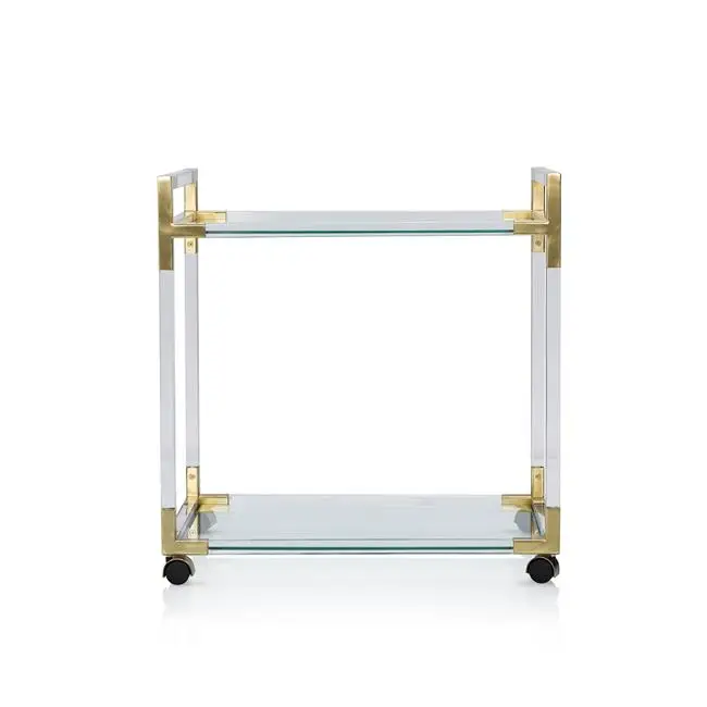 Commercial Hotel Furniture Glass Top Trolley Brass Serving Cart Gold Metal Acrylic Trolley