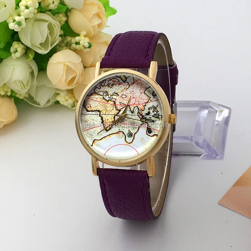 Fashion world map watch big dial watch pu leather band watches
