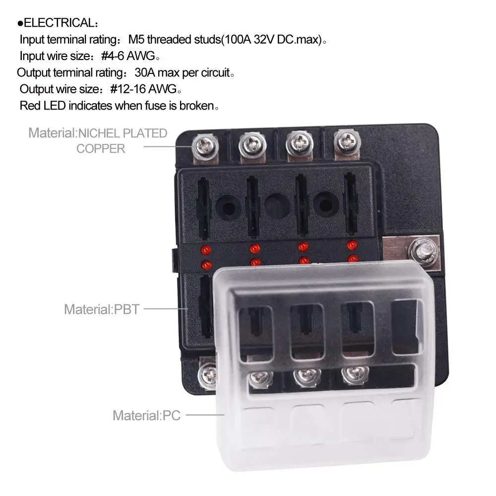 Marine 8 Way ATC/ATO Universal Fuse Terminal Block with LED Light Indication