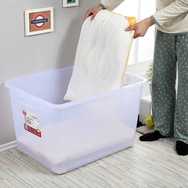 Wholesale 100L Clear Plastic Bin With Lids Wheels Transparent Plastic Storage Box