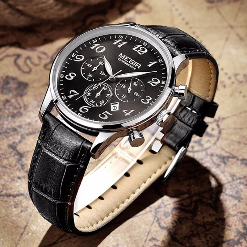 WJ-5508 genuine leather strap quartz movement fancy men Megir water resistant watches