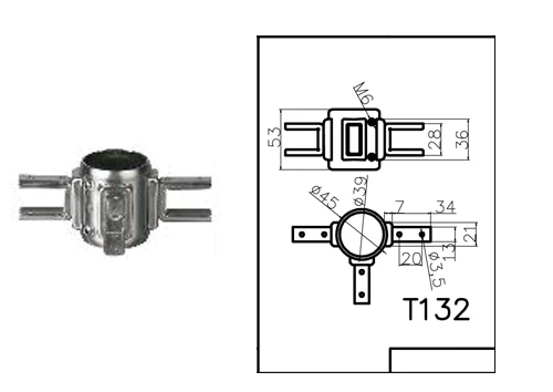 4 way cross pipe fitting for O.D 38mm / 41mm Square Tubin