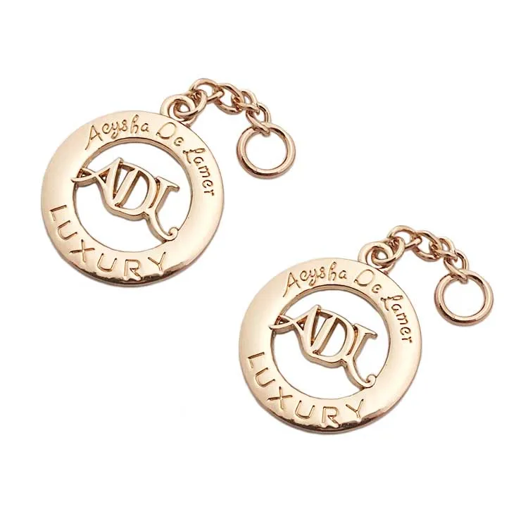Factory price embossed round shaped brand logo custom metal hanging tag plates labels for clothes