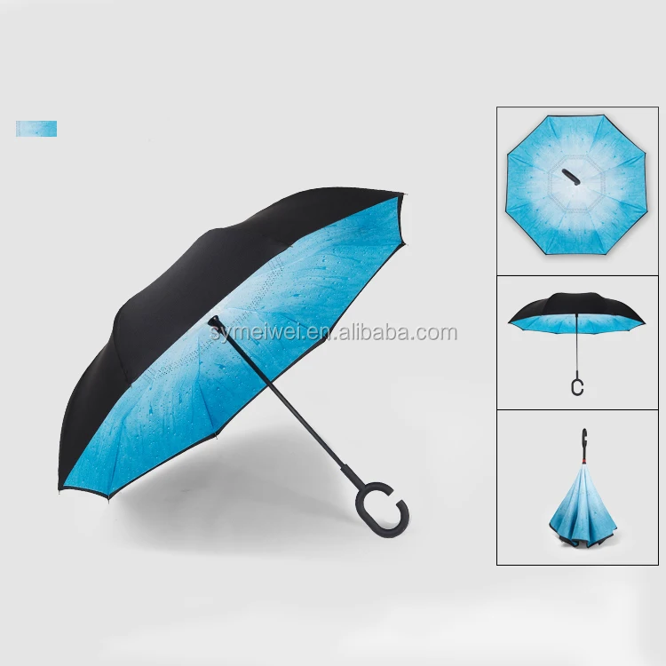 reverse umbrella with logo custom printing flower inside inverted C curve handle business ads promotion for the rain umbrellas