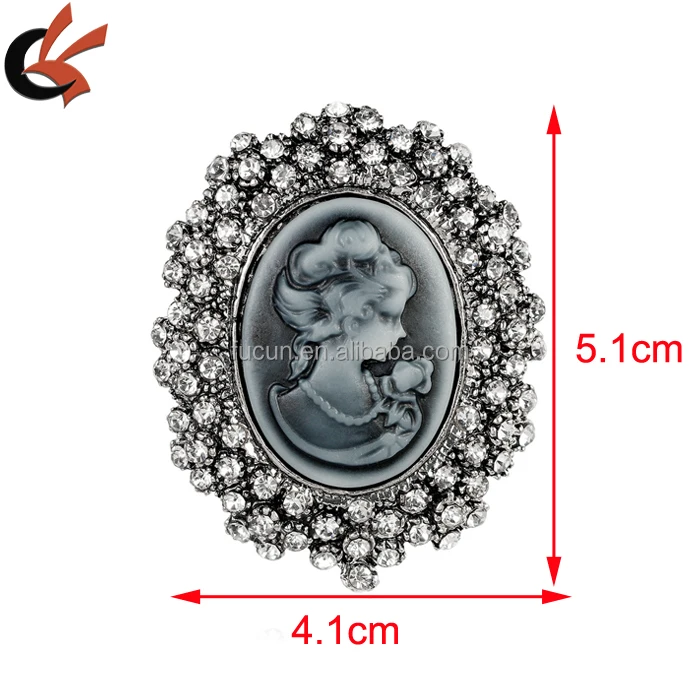 Vintage Style Cameo Lady Brooch Gold Crystals Gold Tone Broach