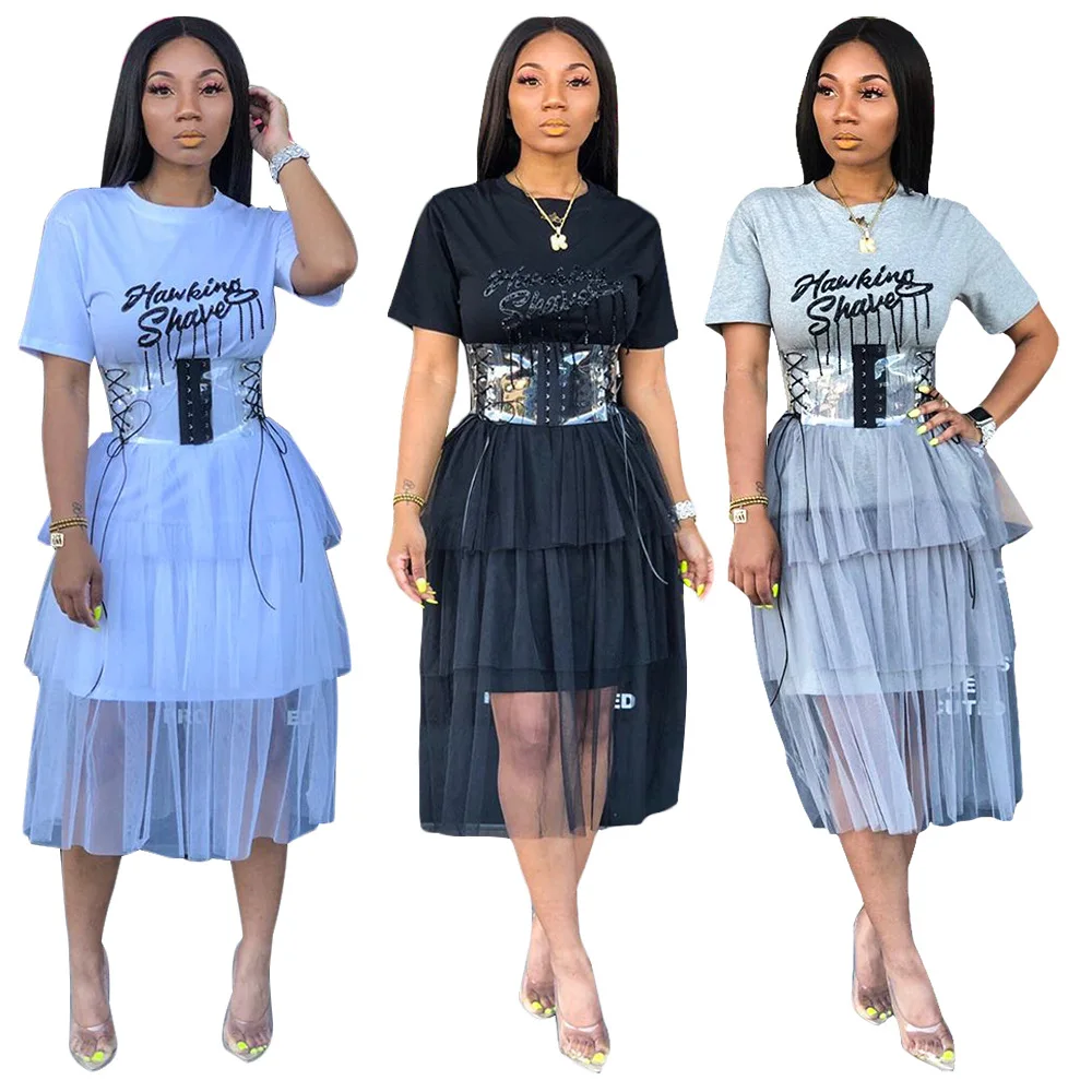 
2019 Fashion Design Sexy Girls PhotosT shirt Mesh Skirt Sweet Girl Dress 