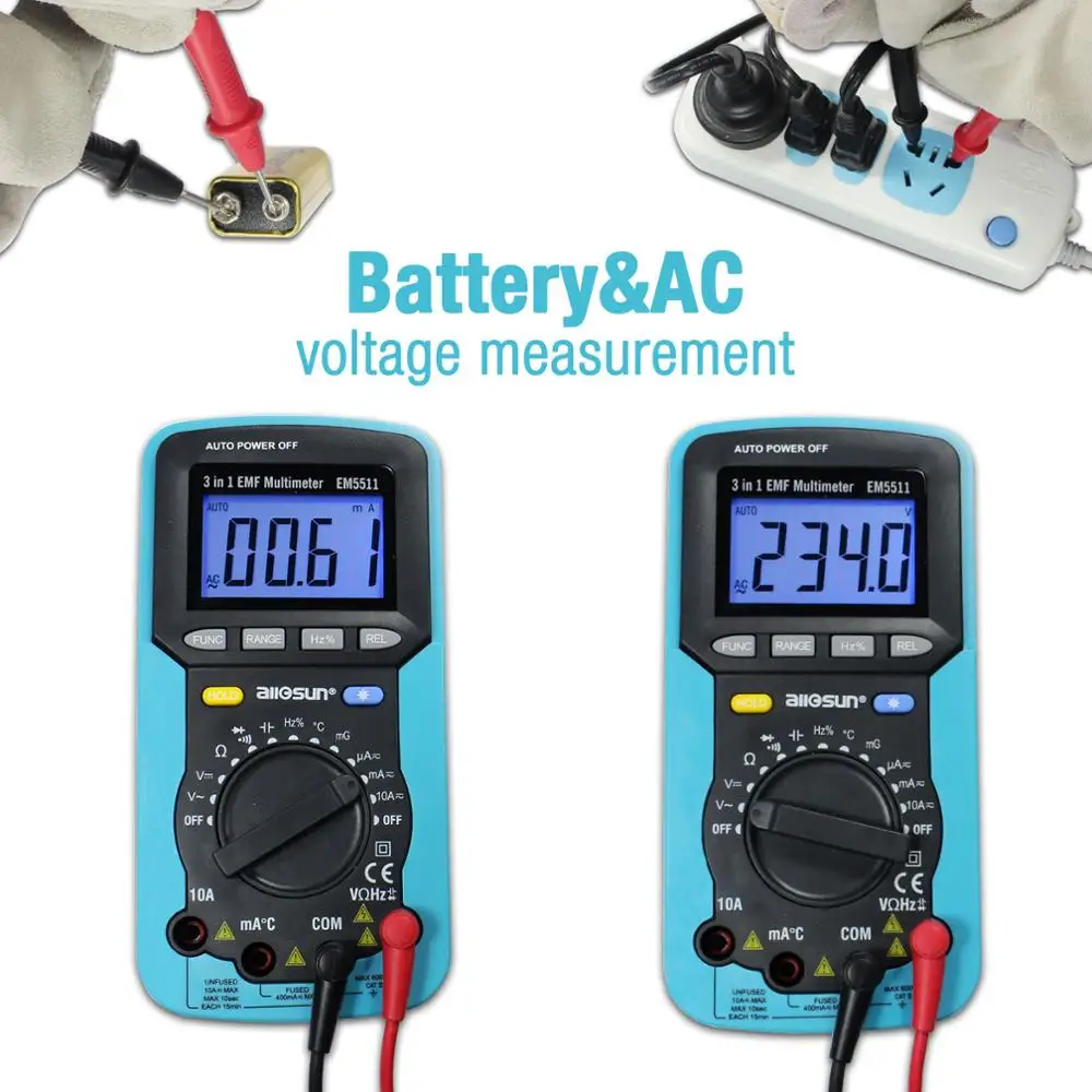 All-sun EM5511 3in1 Digital Multimeter Voltmeter Ammeter Ohmmeter DC AC EMF Multimeter Automotive Tester