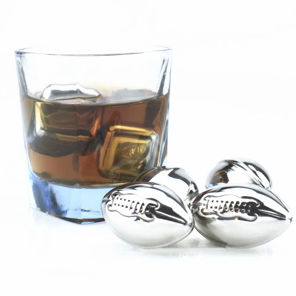 Rugby Shaped Stainless Steel Ice Cubes Ice Rocks 4pcs Silver Bar Accessories Metal Customer Logo Cooling Accessories Football