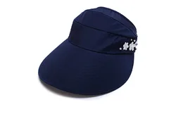 Hot Selling Women Summer Wide Brim Cap 100% Polyester Adjustable Sun Visor Cap Hat With Small Plastic Flower Visors