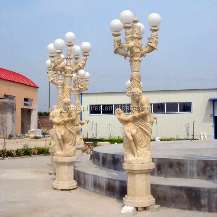 
Natural popular hand carved yellow marble outdoor main gate light stone pillar 