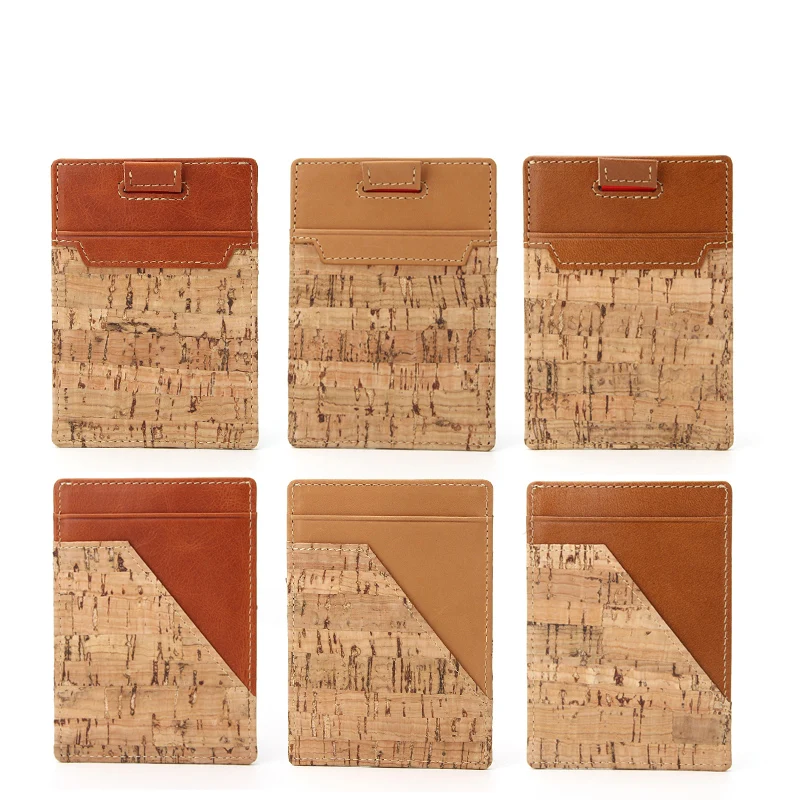 OEM Slim Minimalist Wallet RFID Blocking Leather Cork Credit Card Holder with Pull Tab