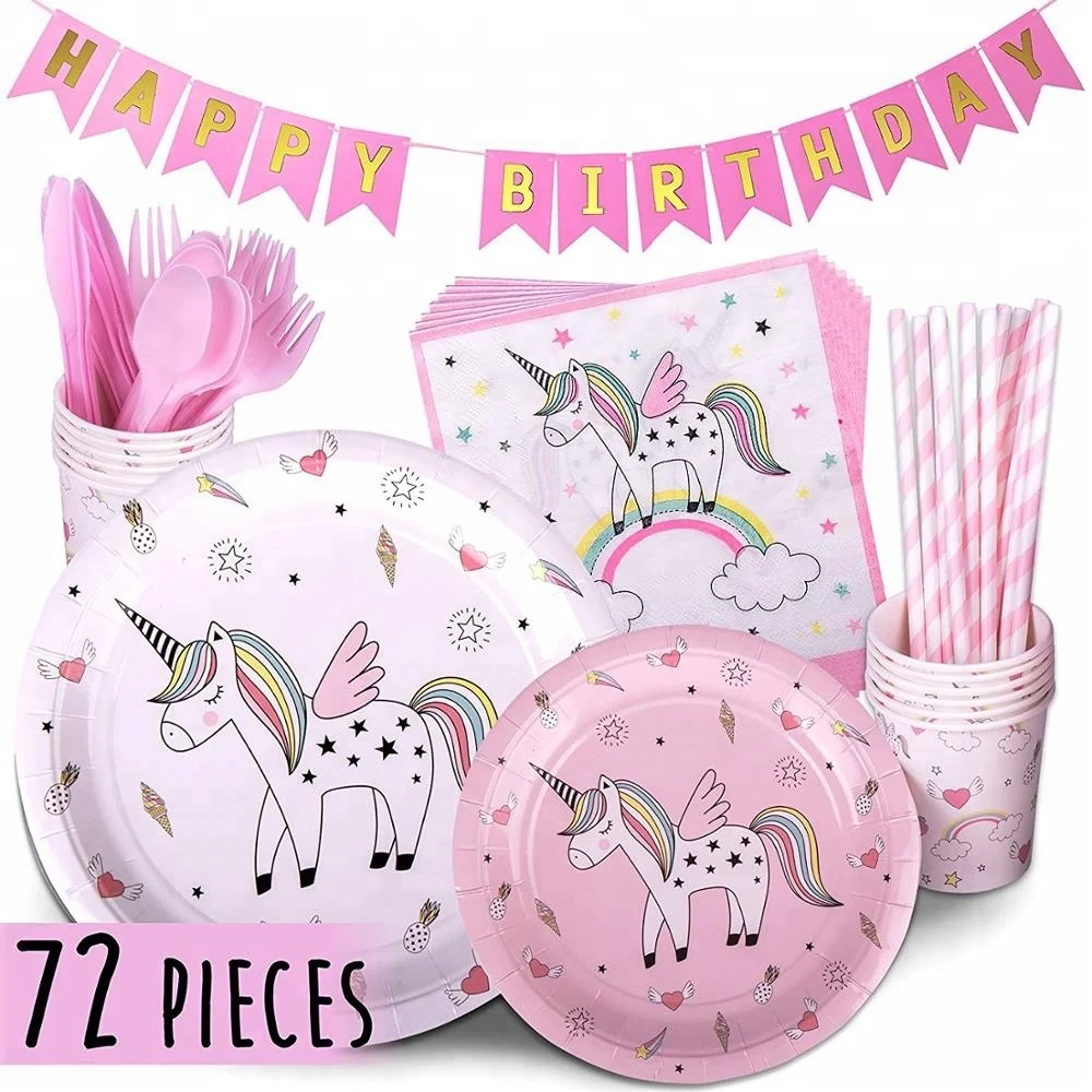 Товары для вечеринки в виде единорога, розовые 72 штуки в упаковке, детский Радужный набор для вечеринки в честь Дня Рождения с бонусом, баннер на день рождения