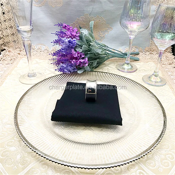 13inch Cheap Unique Ray Design Gold Rim Clear Glass Charger Plate Wedding Decoration Supplies