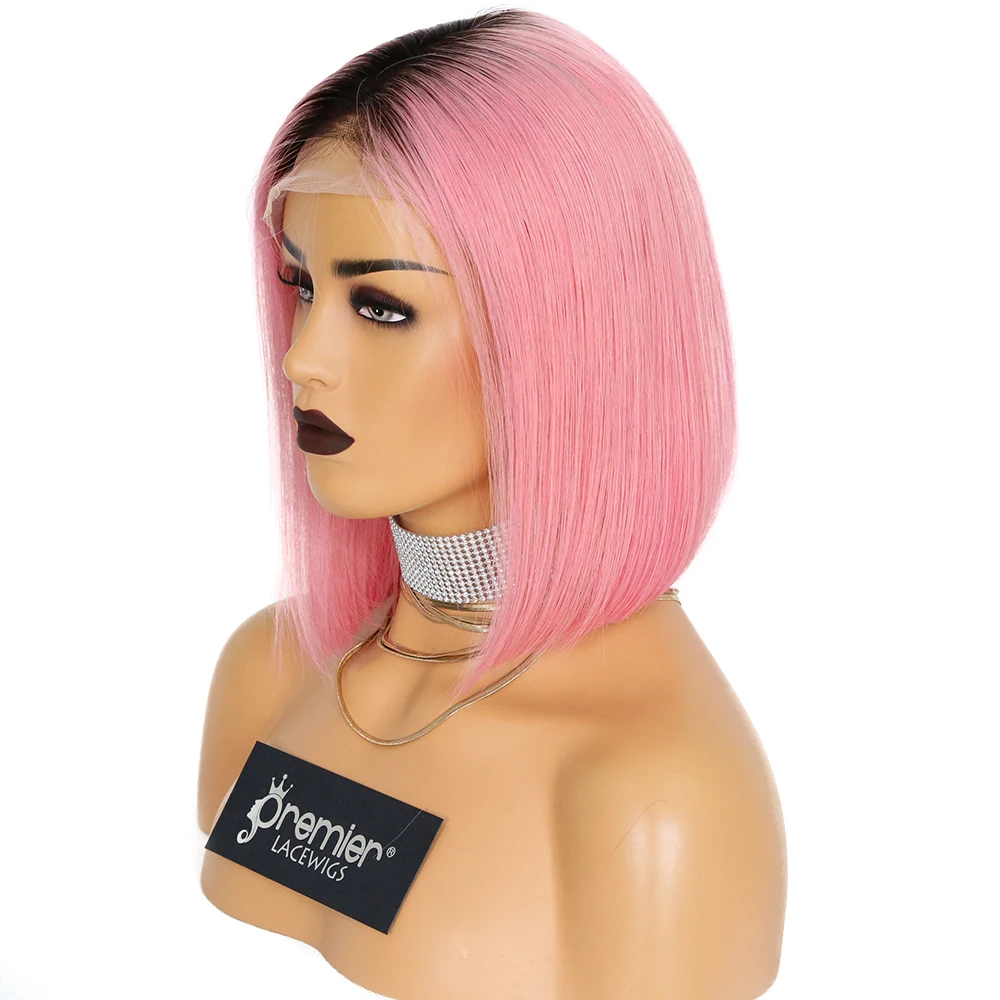 Ready to Ship  Virgin Brazilian Remy Human Hair Ombre natural to pink color Bob Cut pink lace wig Lace Frontal Wig