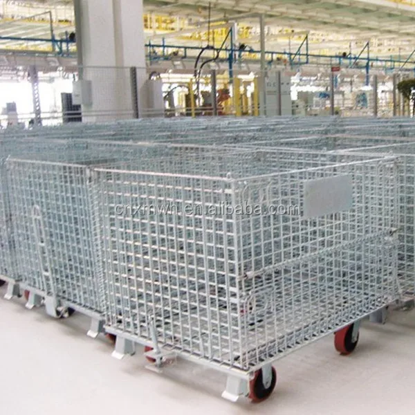 Collapsible Stackable Wire Mesh Containers with rolling wheels,Steel Wire Mesh Container with Caster