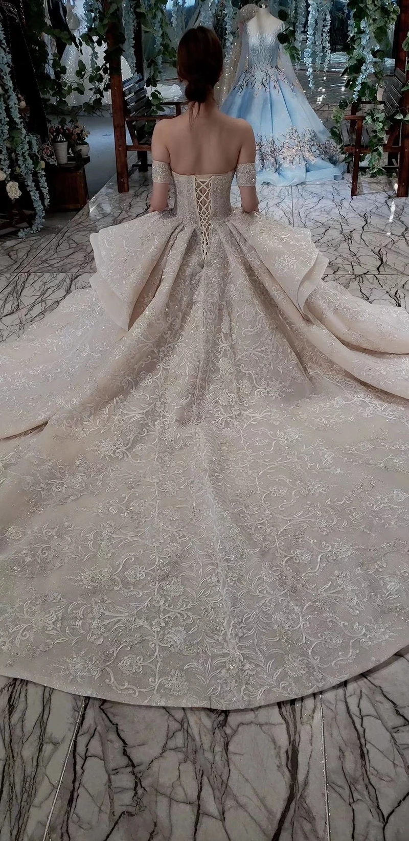 HTL454 2019 latest design lace applique custom made bridal gowns wedding dresses with veil