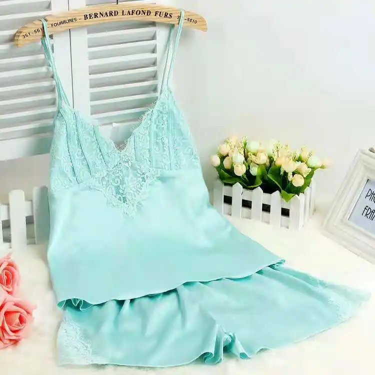 
Wholesale Stock Custom Women Nightwear Satin Silk Camisole Pajamas 