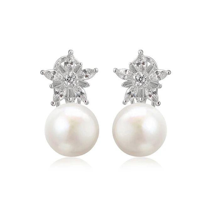White gold color natural freshwater 925 sterling silver pearl earrings