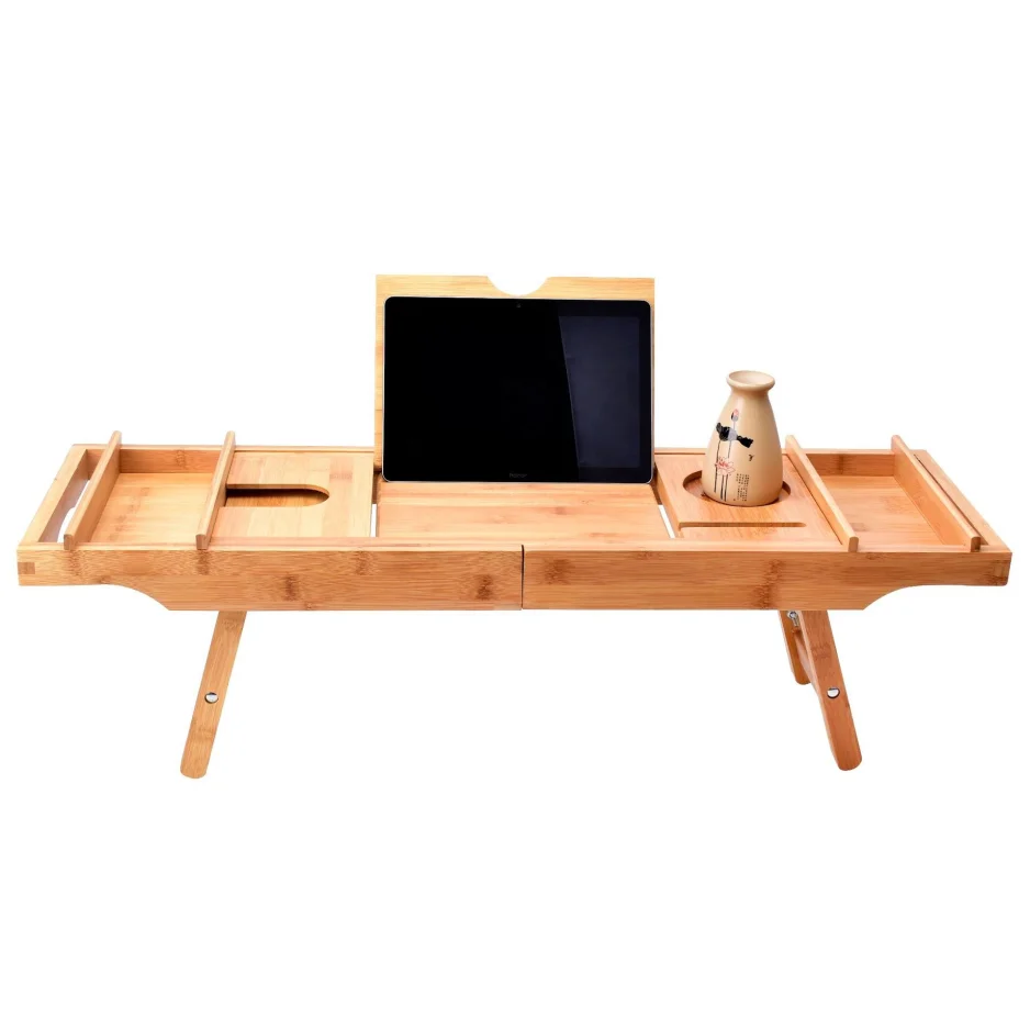 Bamboo Adjustable Bathtub Caddy Tray with Wine Holder, Cup Placement, Soap Dish, and Book Space