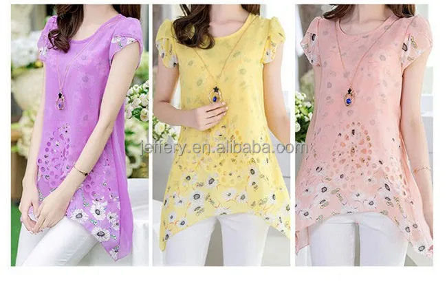 Latest short sleeve shirt floral printed chiffon long shirts blouse designs loose tops A778
