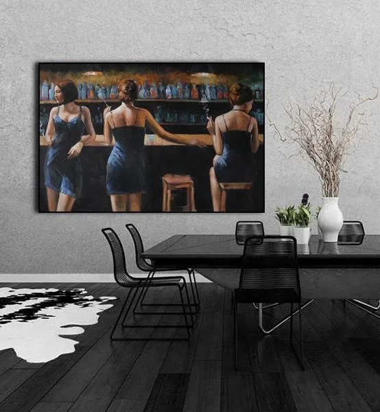 Beautiful Hand Painted Sexy Smoking Girl at Bar Oil Painting