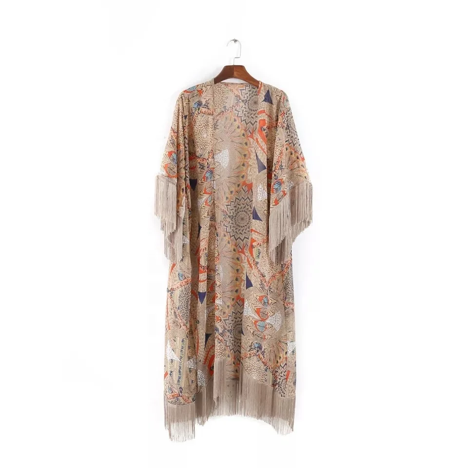 British style printed fringe cover up beachwear kaftan beachwear women boho casual dress