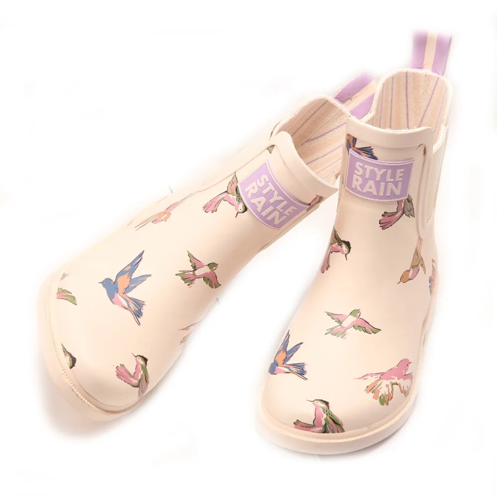 beige cream color bird printed girls soft comfortable warm winter waterproof shoes garden use antislip outsole rain boot wellies