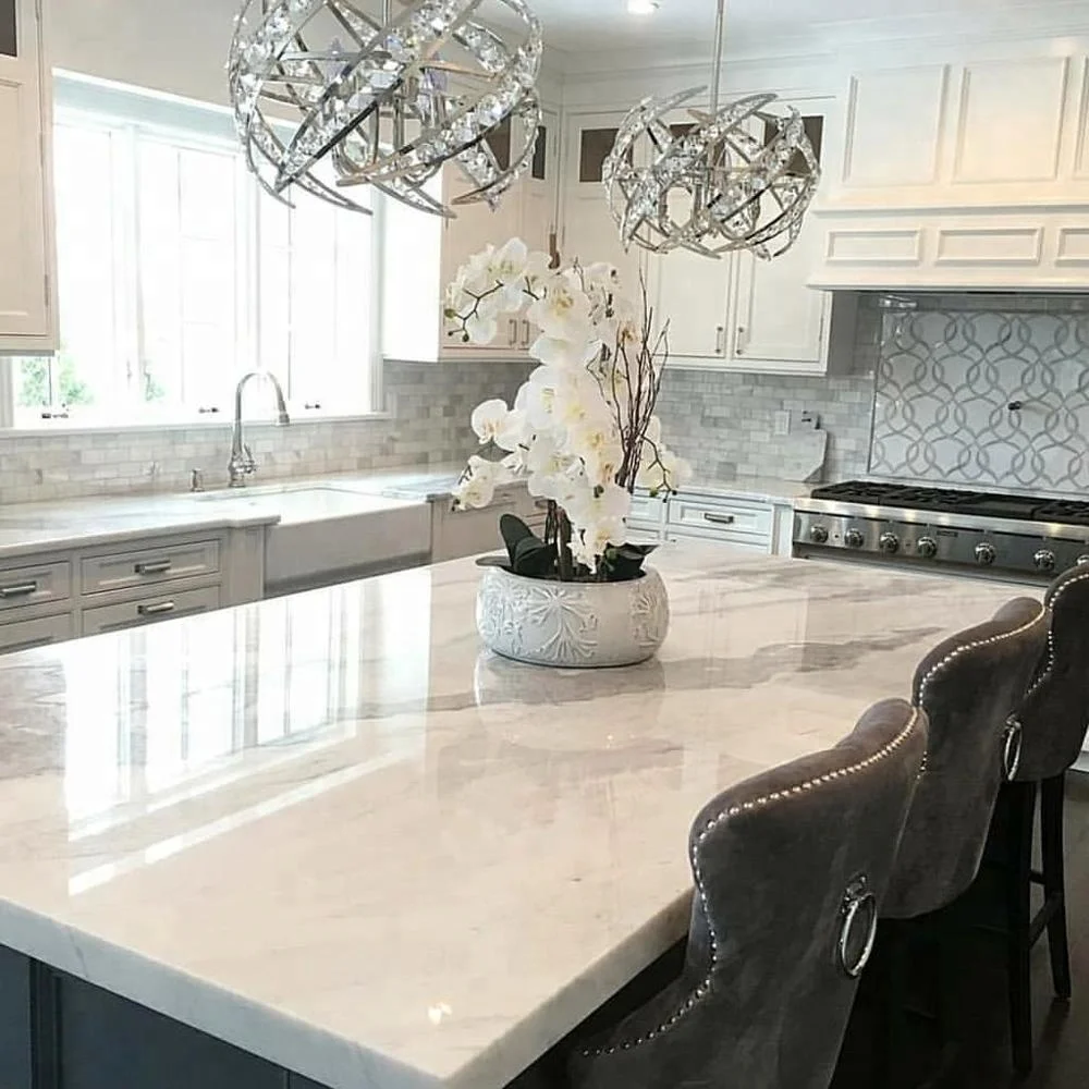 Calacatta White Alaska Solid Surface 2cm Construction Marble Quartz Stone Kitchen Countertop