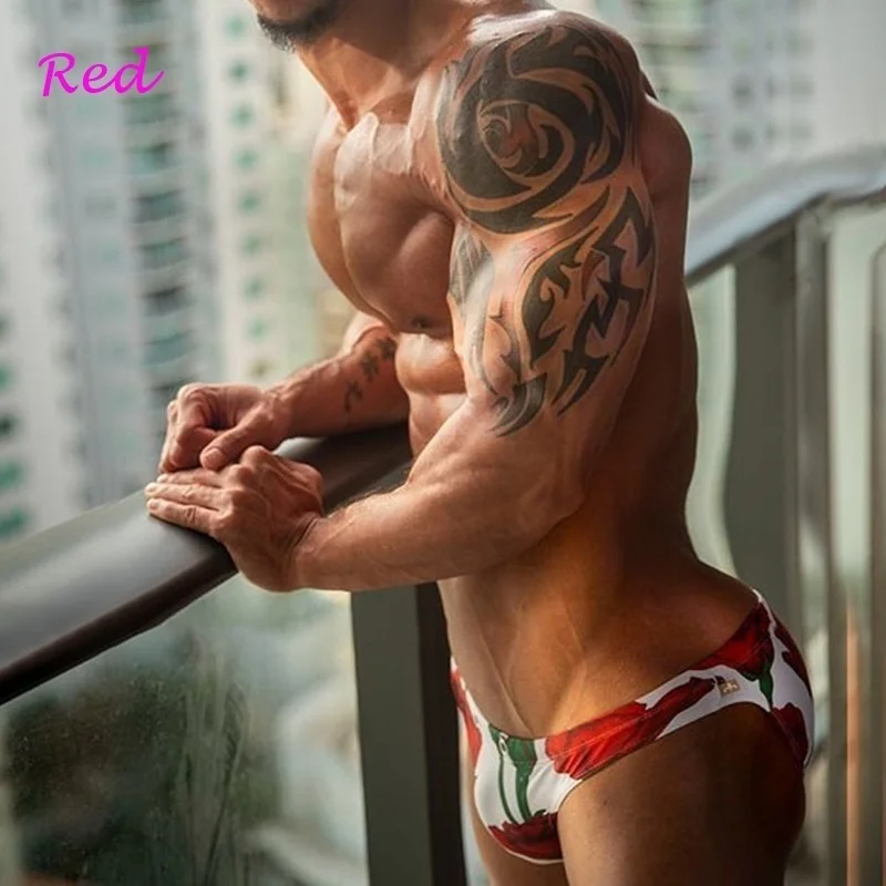 Sexy Mens Male Rose Floral Printed Swim Briefs Summer Fashion Swimming Trunks Casual Beach Boxer Shorts Swimwear Swim Bikini