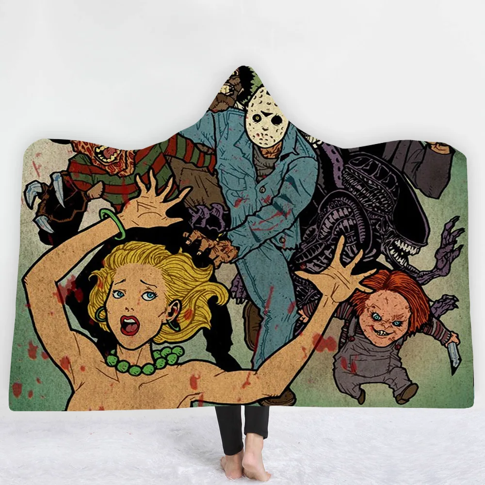 factory hot winter print adult kids print hooded blanket thick warm horror characters custom sherpa blanket