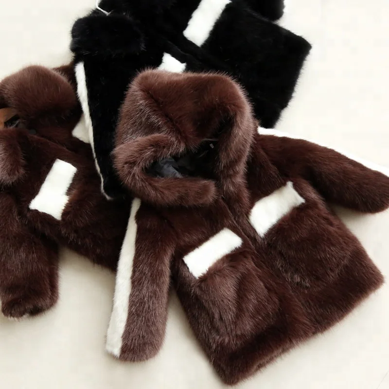 Hooded Faux Mink  Fur Girl Children Kids Winter Trench Coat With Solid Color High Quality