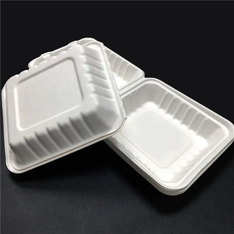 8 inches disposable Sugarcane Bagasse fiber paper clamshell food packaging box