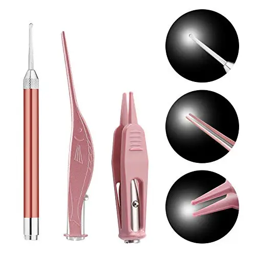 3-Piece Ear Wax Removal Tool Kit with LED Flashlight Includes Ear Cleaner Earwax Remover Tweezer Set and Nose Cleaning Tools