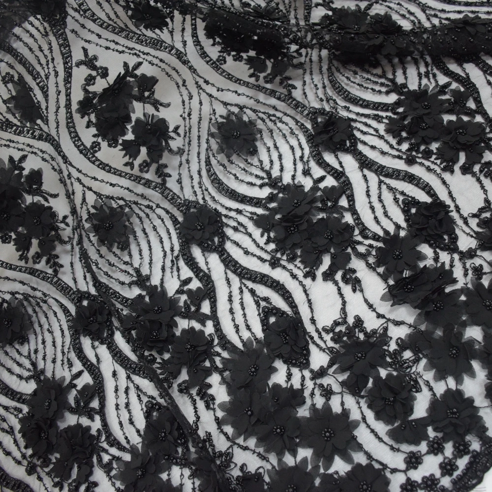 Handwork embroidery design with black net lace fabric top end 3d floral embroidered tulle fabric beads HY0830-7