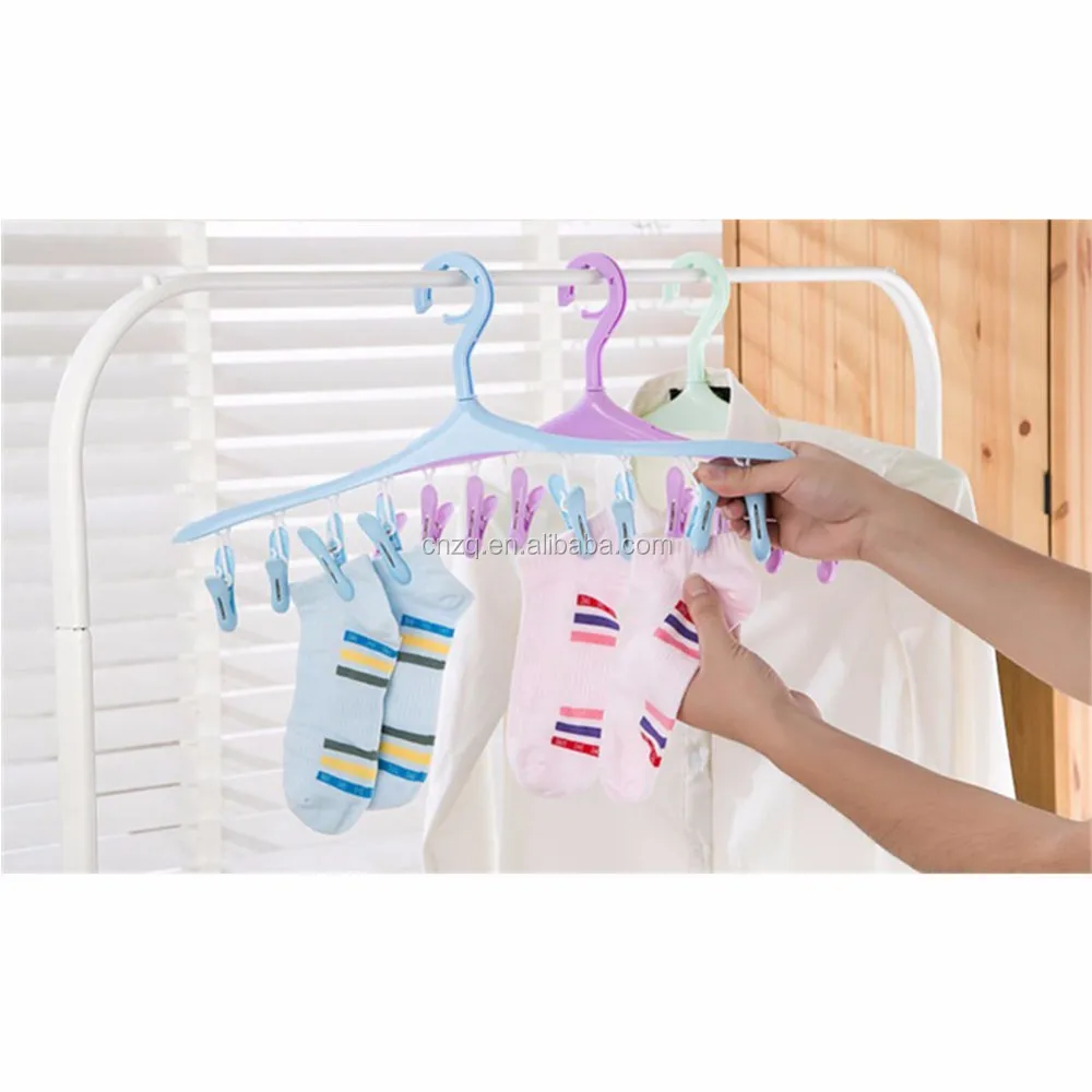 Useful Underwear Socks Clothes Laundry Hanger Hook Drying Rack With 8 Pegs Clips